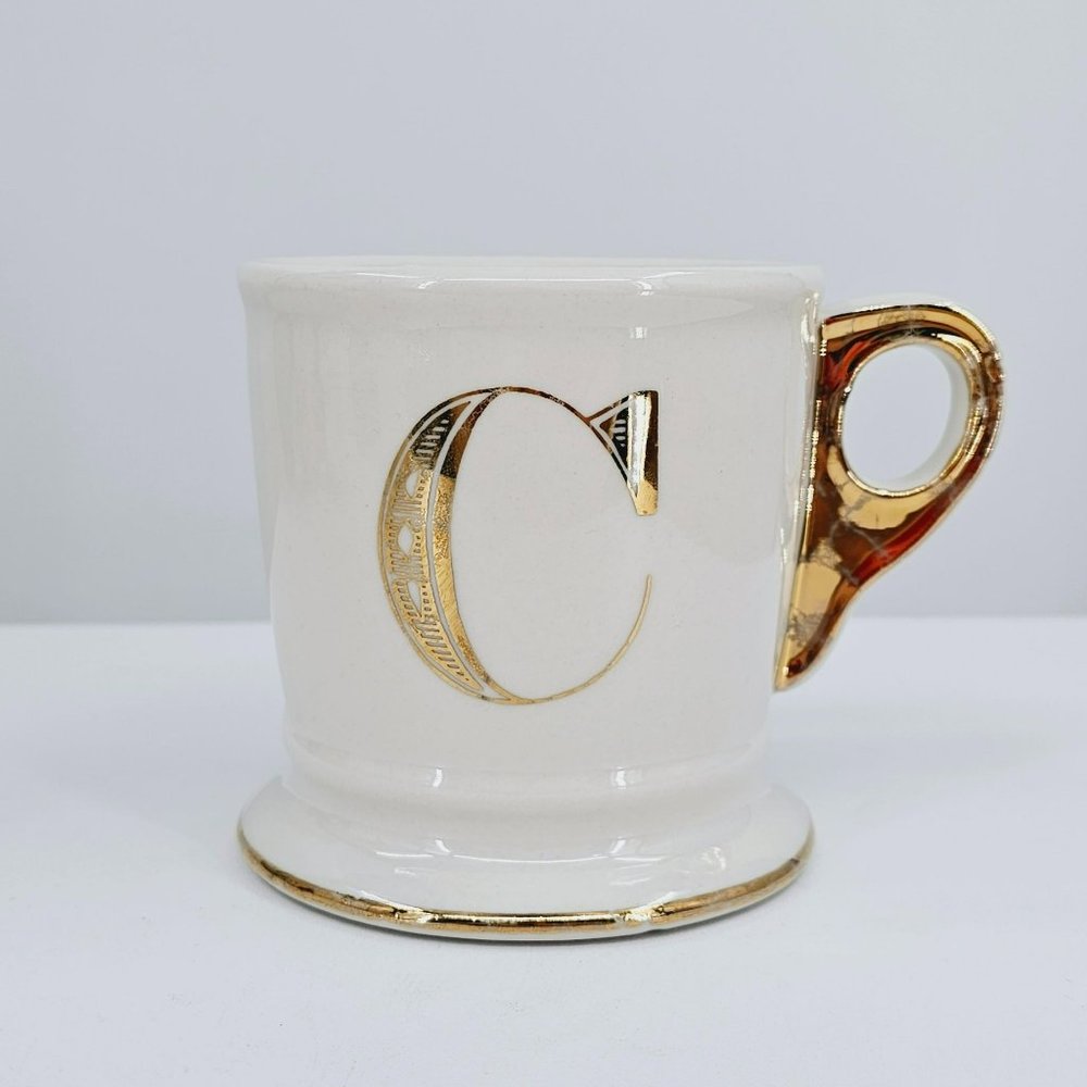 Anthropologie Mug C Monogram Initial White Gold Ceramic Footed Coffee Tea Cocoa